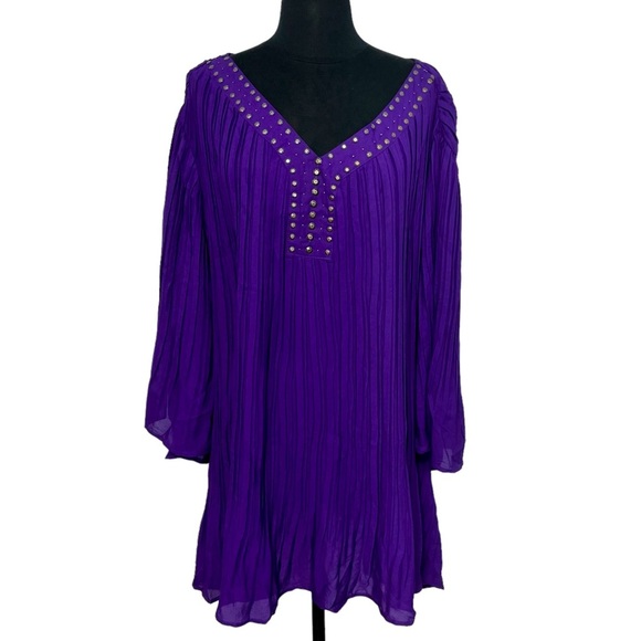 WOMAN Within Tunic Top Purple Large Bell Sleeve Layered Pleated Metal Details 4X - Picture 1 of 7